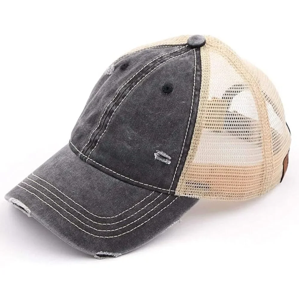 Women's Black Beige Mesh Washed Adjustable Fit Classic Comfortable Baseball Cap